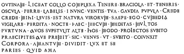 1888 transcription of graffito by Sogliano, recorded in NdS. He records this as being from the high grey zoccolo on the part from the right of those who enter. See Notizie degli Scavi di Antichit, 1888, p.519.