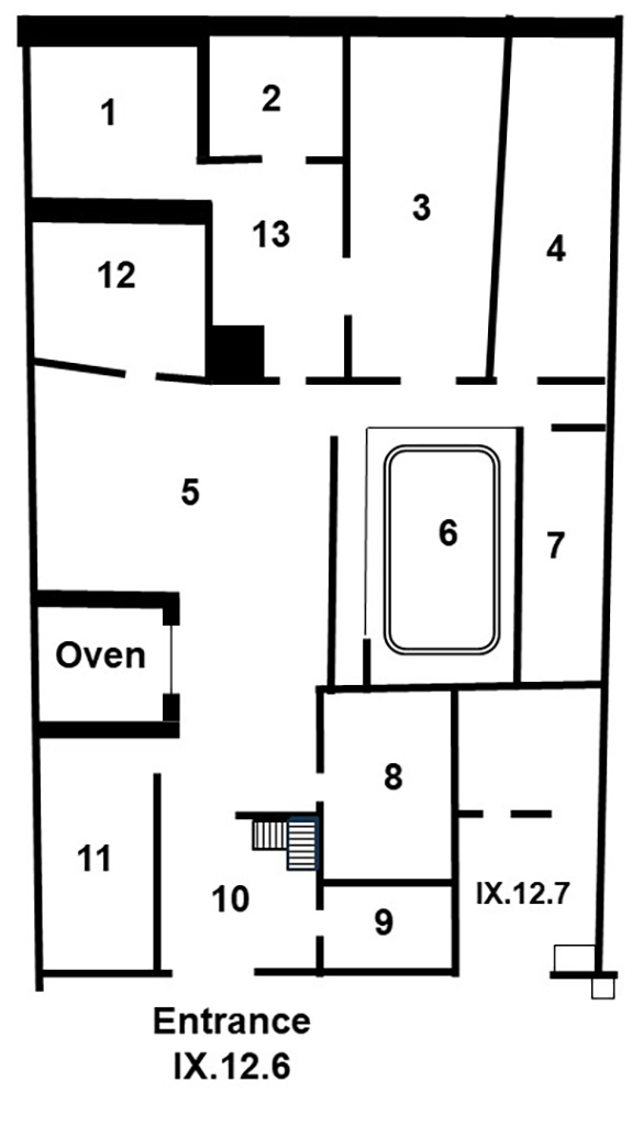 IX.12.6 Pompeii. House of the Chaste Lovers or Casa dei Casti Amanti or Taberna of Crescens
Room Plan