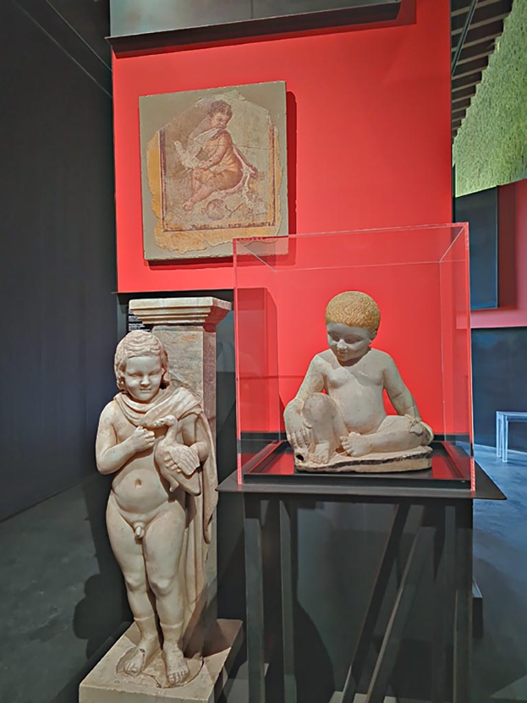 March 2024. 
Photographed at the exhibition in the Palaestra entitled “L’altra Pompei, vite comuni all’ombra del Vesuvio”.
Fresco, at top – Adonis as a child, from I.9.3, House of Successus,
On the left – Monopodium with boy holding a goose, from I.9.3, House of Successus,
On the right – Fountain statuette of a boy and a dolphin, from IX.12.9, House of the Painters at work.
Photo courtesy of Giuseppe Ciaramella.
