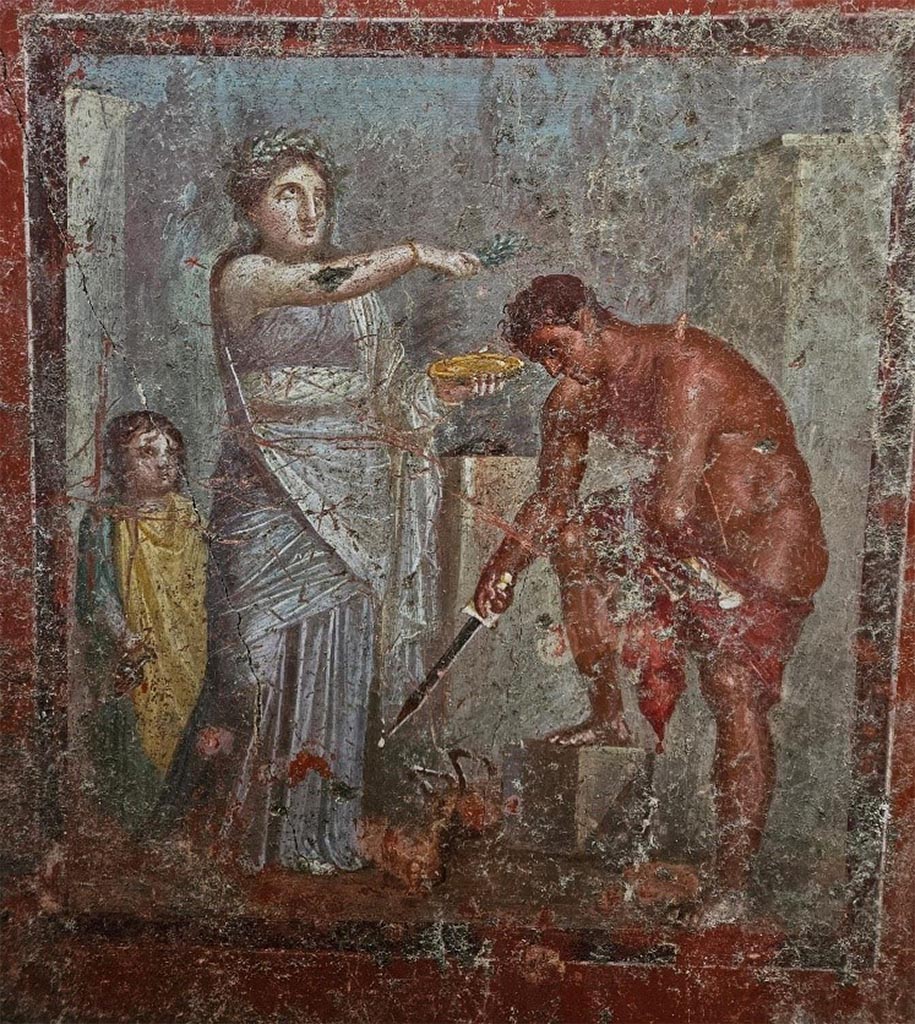 IX.12.A/IX.12.9 Pompeii. May 2024. Room 18, west wall, central painting of the Purification of Orestes.
Photograph © Parco Archeologico di Pompei.
See E-Journal 14, 24.05.24 Regio IX, 12: Insula dei Casti Amanti, Casa dei Pittori al lavoro, Ambiente 18: nota preliminare, p. 16, fig. 32.
