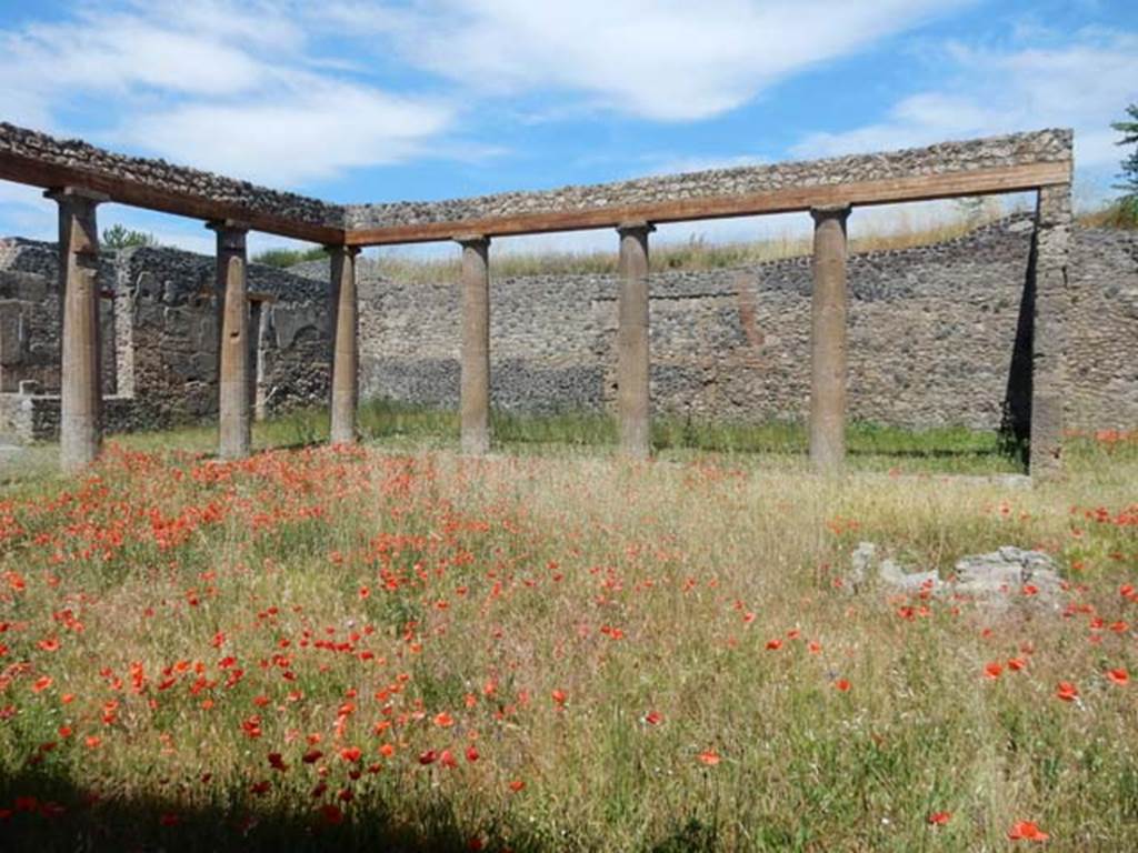 IX.14.4 Pompeii. May2017. Looking towards north-east portico of peristyle 1/garden area, from west side. Photo courtesy of Buzz Ferebee.
According to Jashemski, the large peristyle garden which was excavated in 1910, was surrounded by a portico. The portico was supported by fifteen columns and a pillar. At the rear of the garden was the basin for a fountain. The peristyle garden opened on the south to a further modest garden, numbered 2. This was excavated in 1910/11, and Della Corte suggested it was probably a kitchen garden. At the rear of this garden 2 was a rustic room which Della Corte identified as a kitchen. 
See Jashemski, W. F., 1993. The Gardens of Pompeii, Volume II: Appendices. New York: Caratzas. (p.252)
