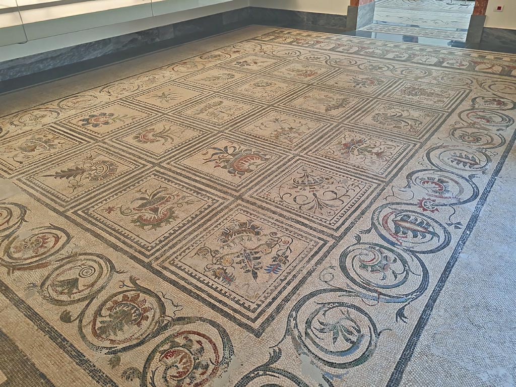 Villa of Diomedes ? or VI 17.10 Pompeii ?. June 2024.  
Looking across centre of mosaic floor, on display in Naples Archaeological Museum, room CXXXIV, (134).  Photo courtesy of Giuseppe Ciaramella 
