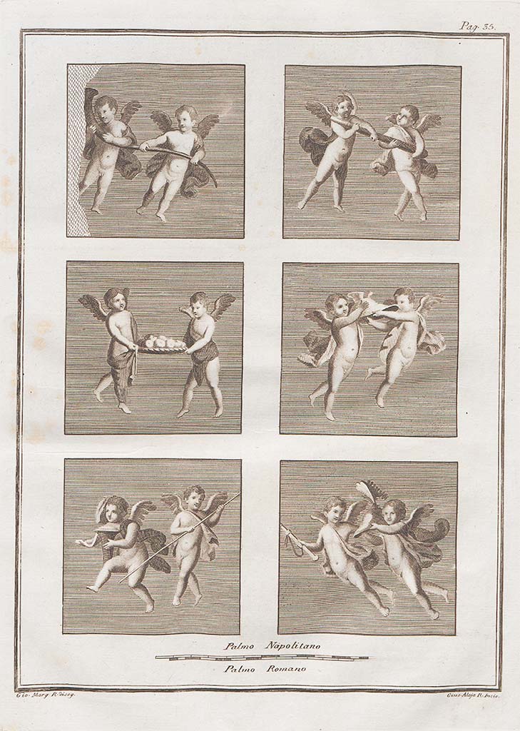 HGW24 Pompeii. All 6 pieces were found painted on the yellow walls in the same room.
Two cupids in each, in the act of flying and carrying various things in their hands, ie. a bird, a thyrsus/rod, a cornucopia, a basket of fruit, etc, possibly attributes of a god. 
See Le antichita di Ercolano esposte Tomo 7, Le Pitture Antiche di Ercolano 5, 1779. (p.35, Tav. VII). 
(According to Pagano & Prisciandaro: NAP 9203.)
Now in Naples Archaeological Museum. Inventory number 9203.
