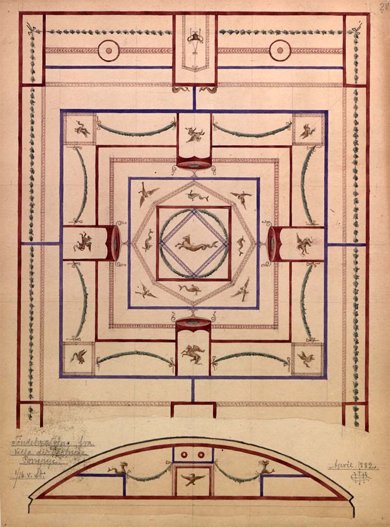 HGW24 Pompeii. April 1882. 
Painting by Hector Estrup, of vaulted upper wall and ceiling in one of the rooms on the eastern side of the garden.
See Skitsebog Hector Estrup (1854-1904) Italiensrejse 1882, pl. 28. 
© Danmarks Kunstbibliotek, inventory number 52694.
http://kunstbib.dk/en/collections/sketchbooks/sketchbooks/000036205
(Fontaine, room 5,9?).
