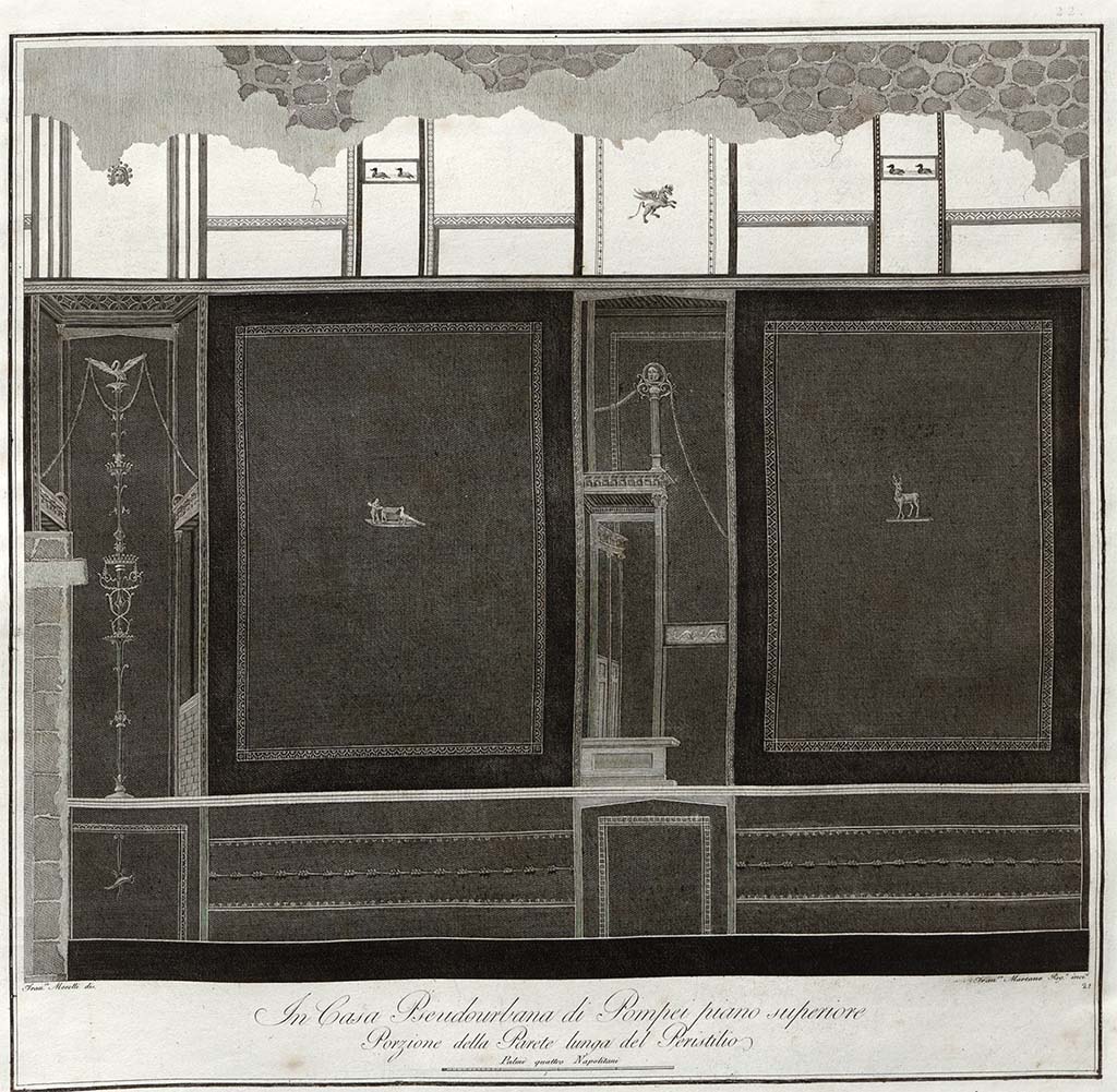 HGW24 Pompeii. La Vega drawing of wall decoration of peristyle wall as described in PAH,1, p.264 (1772).
In the panel on the left, a griffin with the lyre of Apollo is shown. 
Now in Naples Archaeological Museum. Inventory number ADS 1133.
Photo © ICCD. http://www.catalogo.beniculturali.it
Utilizzabili alle condizioni della licenza Attribuzione - Non commerciale - Condividi allo stesso modo 2.5 Italia (CC BY-NC-SA 2.5 IT)
