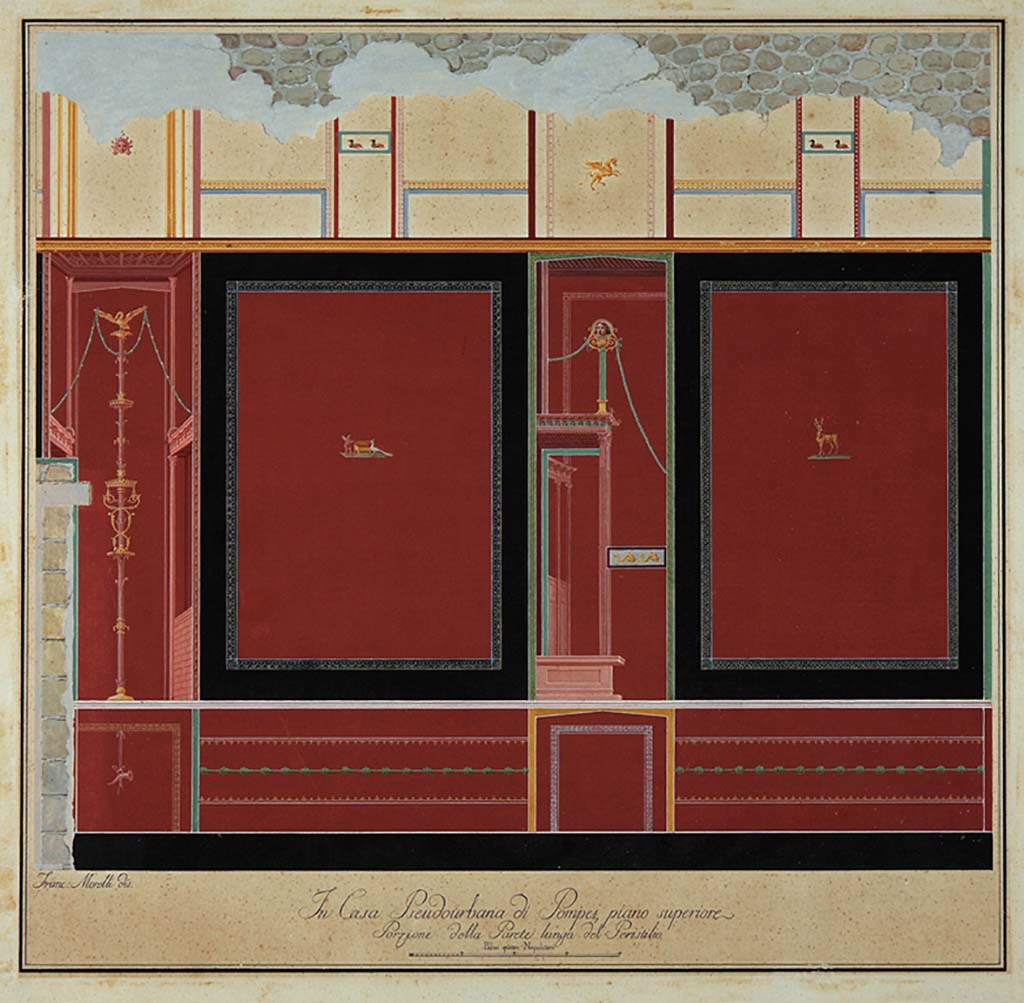 HGW24 Pompeii. Peristyle on upper floor, portion of long (east) wall, with slight differences to above drawings. 
Design by Francesco Morelli. Now in Naples Archaeological Museum. Inventory number ADS 1130.
(Villa Diomedes Project- area 2).
(Fontaine, room 2d, peristyle: East wall. south of the door to courtyard 3. It seems to have been a preliminary study on the engraving of the "Gli Ornati", to which it shows slight variants that are based on the poor legibility of the painting when found on excavation.)
Photo © ICCD. https://www.catalogo.beniculturali.it
Utilizzabili alle condizioni della licenza Attribuzione - Non commerciale - Condividi allo stesso modo 2.5 Italia (CC BY-NC-SA 2.5 IT)
