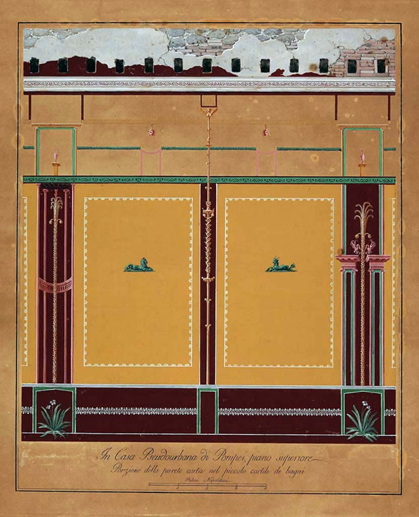 HGW24 Pompeii. Decoration of a portion of the short west or south walls of the small courtyard of the baths.
Drawing by Francesco Morelli. Now in Naples Archaeological Museum. Inventory number ADS 1145.
See Gli Ornati delle Pareti ed I Pavimenti delle Stanze dell’Antica Pompei, 1838, (No.46).
(Villa Diomedes Project- area 5)
(Fontaine, Baths 3, this is showing the decoration from the south and west wall.
Photo © ICCD. https://www.catalogo.beniculturali.it
Utilizzabili alle condizioni della licenza Attribuzione - Non commerciale - Condividi allo stesso modo 2.5 Italia (CC BY-NC-SA 2.5 IT)
