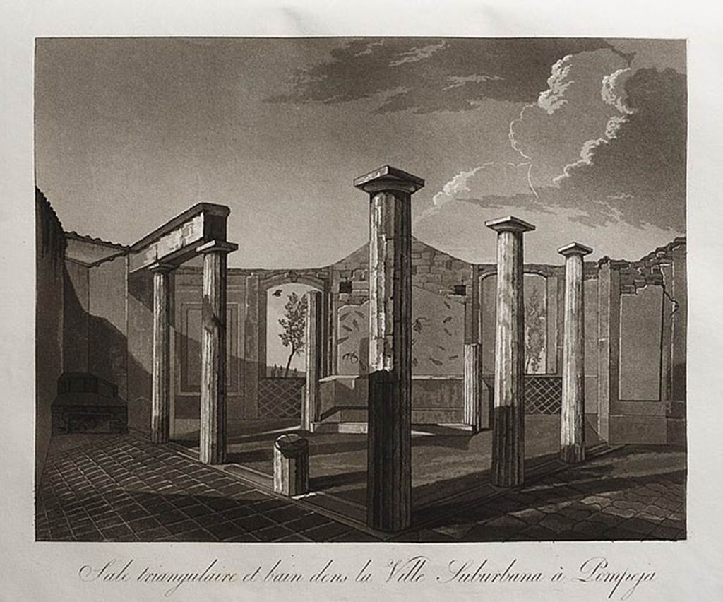 HGW24 Pompeii. 1817. Drawing of baths complex. 
On the original print it says “Drawn by Major Cockburn and engraved by W. B. Cooke, on July 1, 1826.”
Cockburn visited Pompeii in 1816, 1817 and 1818.
Delineations of the City of Pompeii; Engraved by W. B. Cooke from accurate drawings made in the year 1817 by Major Cockburn of the Royal Artillery was published in 1818. A second edition "Pompeii illistrated" was produced in 1827.
Photo courtesy of Rick Bauer.
According to Jashemski, above the pool for cool baths was a painting of blue water filled with sea animals.
On each side of the painting there was a painting of a window looking into a garden.
Jashemski quoted Dyer as saying that the circular broken space in the middle of the wall would have been where a mask was attached.
Through the mask, the water would have gushed into the pool below.
Both the courtyard and portico floor were paved with black and white mosaic.
See Jashemski, W. F., 1993. The Gardens of Pompeii, Volume II: Appendices. New York: Caratzas. (p.280)
See Dyer, T., 1868. Pompeii: its history. Buildings and antiquities. London: Bell & Dandy.  (p.486).
