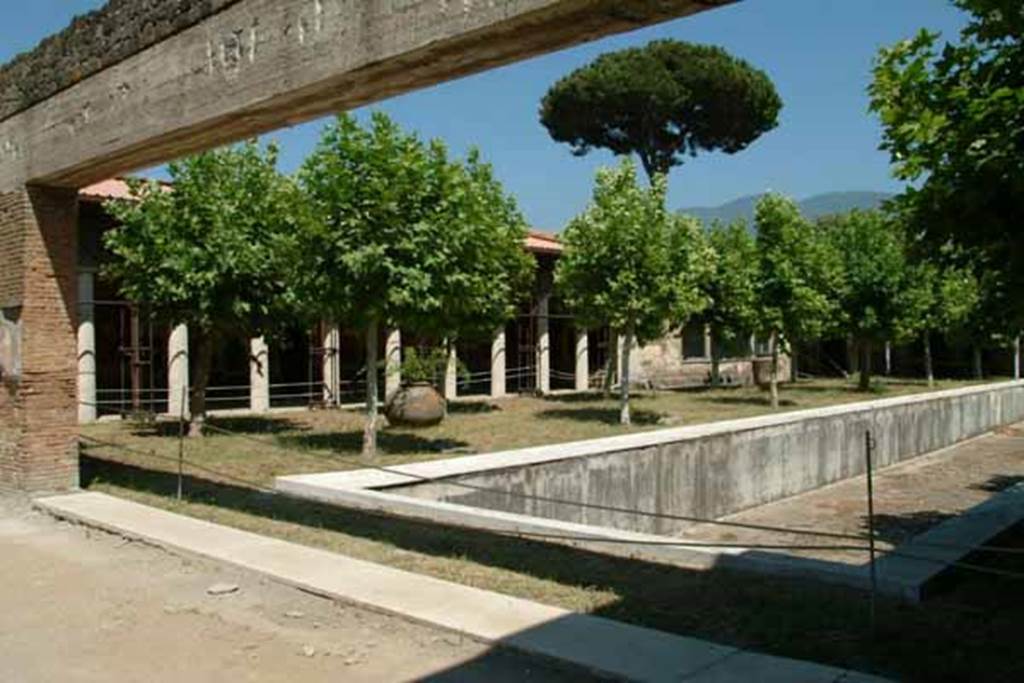 Villa San Marco, Stabiae, July 2010. Looking east across pool 15 and peristyle of area 9. 
