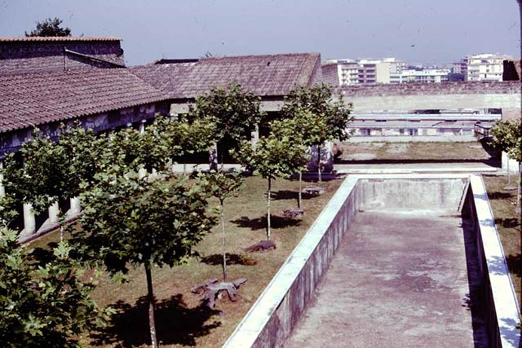 Villa San Marco, Stabiae, 1976. Looking north towards west side of pool and peristyle. Photo by Stanley A. Jashemski.   
Source: The Wilhelmina and Stanley A. Jashemski archive in the University of Maryland Library, Special Collections (See collection page) and made available under the Creative Commons Attribution-Non Commercial License v.4. See Licence and use details. J76f0494
