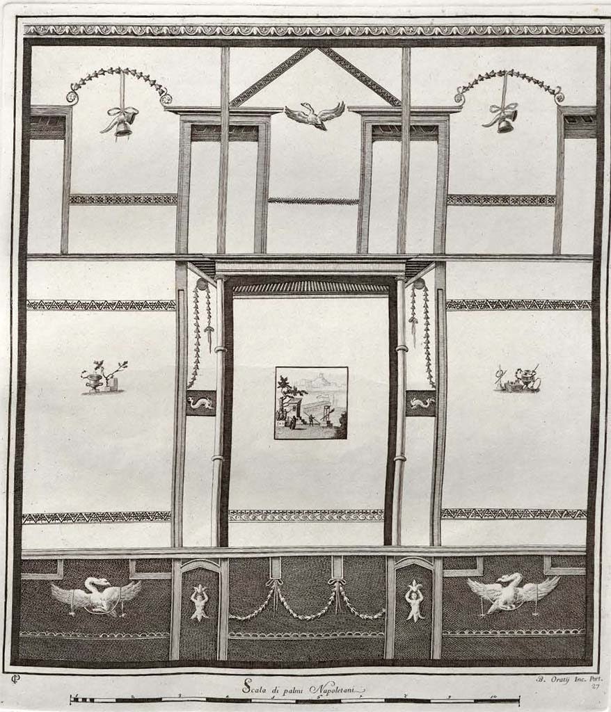 Villa San Marco, Stabiae. Room 52, south wall, 1752 drawing by Camillo Paderni.
See Gli ornati delle pareti ed i pavimenti delle stanze dell'antica Pompei incisi in rame: 1838, pl. 27.
According to Alix Barbet 
The excavation documents show the commission given to Paderni, in 1754, to draw an entire wall before removing individual motifs destined for the Museum. 
reports two years earlier, namely in January 1752 and the inventory numbers would correspond better with a  dating of the drawing to 1752.
See Barbet A. (a cura di), 1999. La Villa San Marco di Stabia. Roma, L’Erma di Bretschneider, p. 26.

