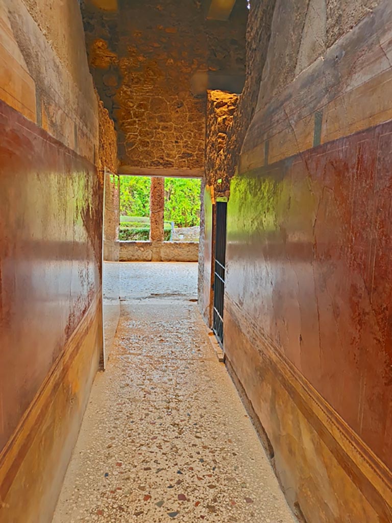 Villa of Mysteries, Pompeii. November 2023. 
Corridor F2, looking north towards Portico P4. Photo courtesy of Giuseppe Ciaramella.
