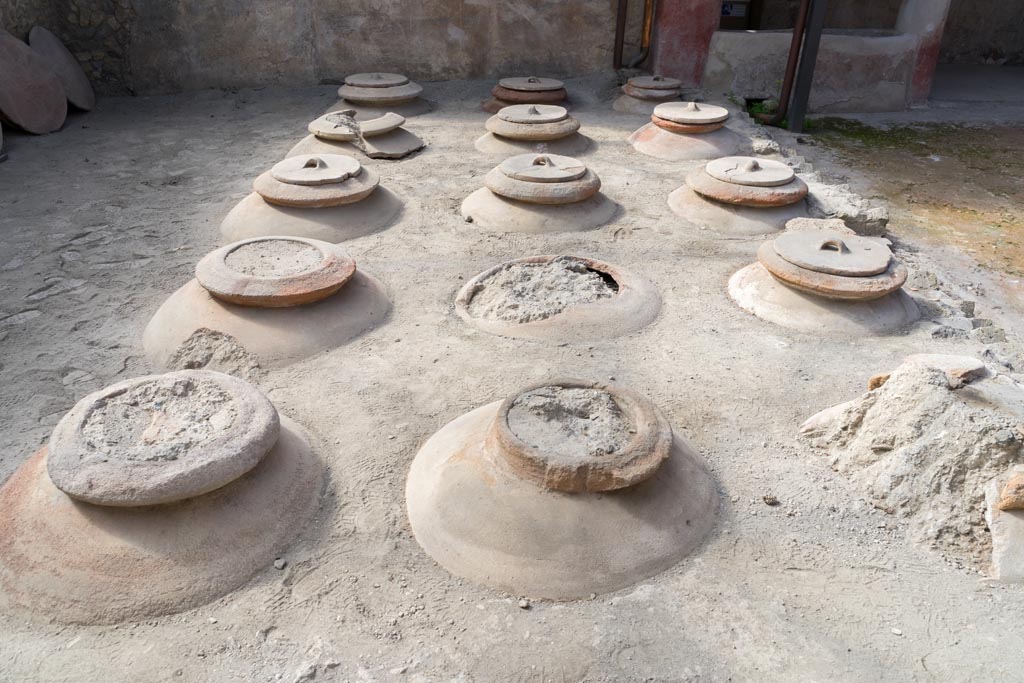 Villa Regina, Boscoreale. October 2021. Room I, cella vinaria, looking south across dolia. Photo courtesy of Johannes Eber.

