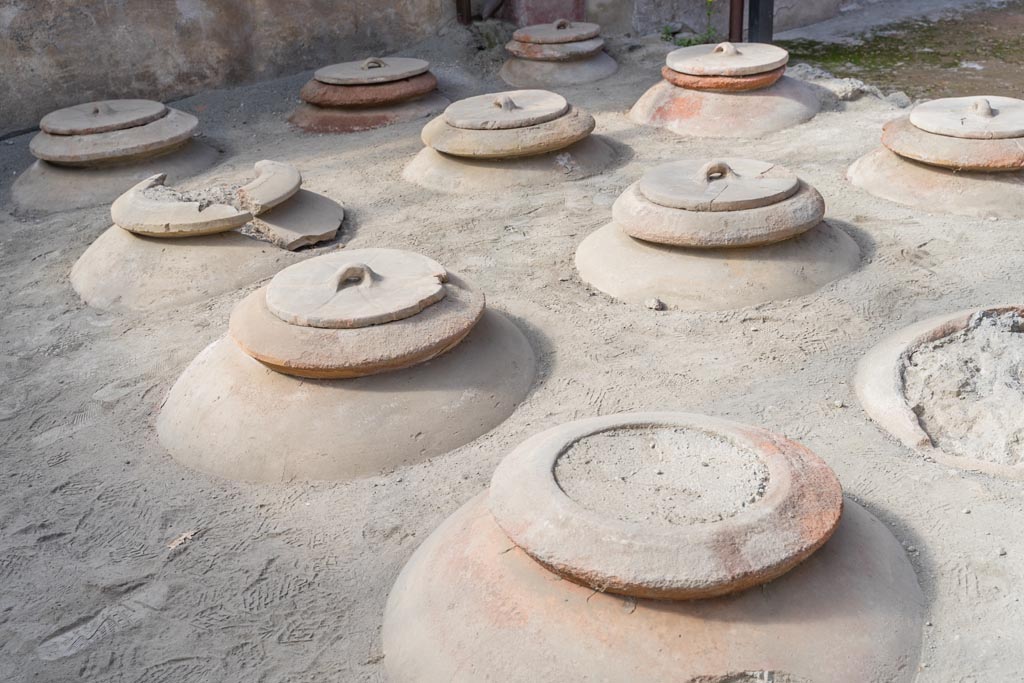 Villa Regina, Boscoreale. October 2021. 
Room I, cella vinaria, detail of dolia set into courtyard flooring. Photo courtesy of Johannes Eber.

