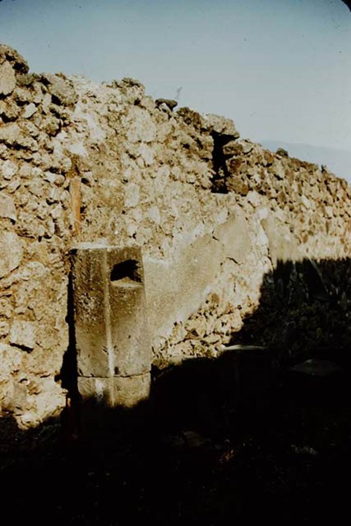 Unnamed vicolo between IX.9 and IX.8, east side, Pompeii, 1957. Looking south along east side. Photo by Stanley A. Jashemski.
Source: The Wilhelmina and Stanley A. Jashemski archive in the University of Maryland Library, Special Collections (See collection page) and made available under the Creative Commons Attribution-Non Commercial License v.4. See Licence and use details. J57f0193

