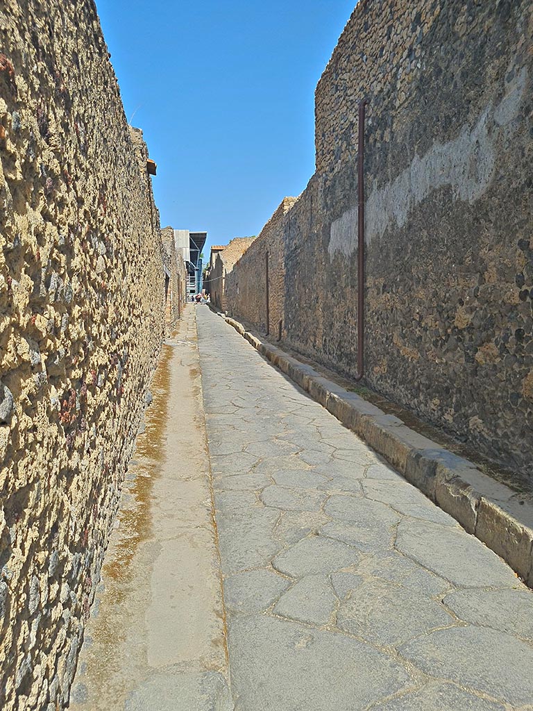 Unnamed vicolo between I.8 (on left) and I.9 (on right), Pompeii. September 2024. 
Looking north from junction with Via di Castricio. Photo courtesy of Giuseppe Ciaramella.

