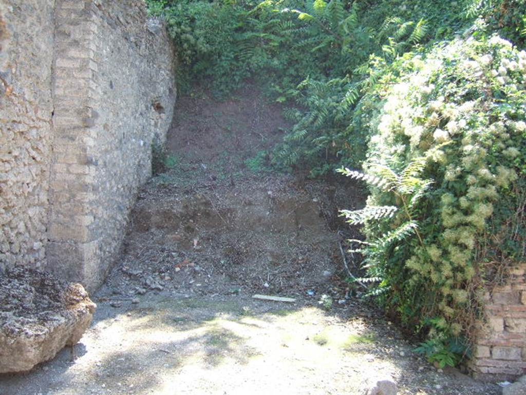 Unexcavated vicolo between I.17 and I.18. Looking south from the junction with Via di Castricio.   September 2005.