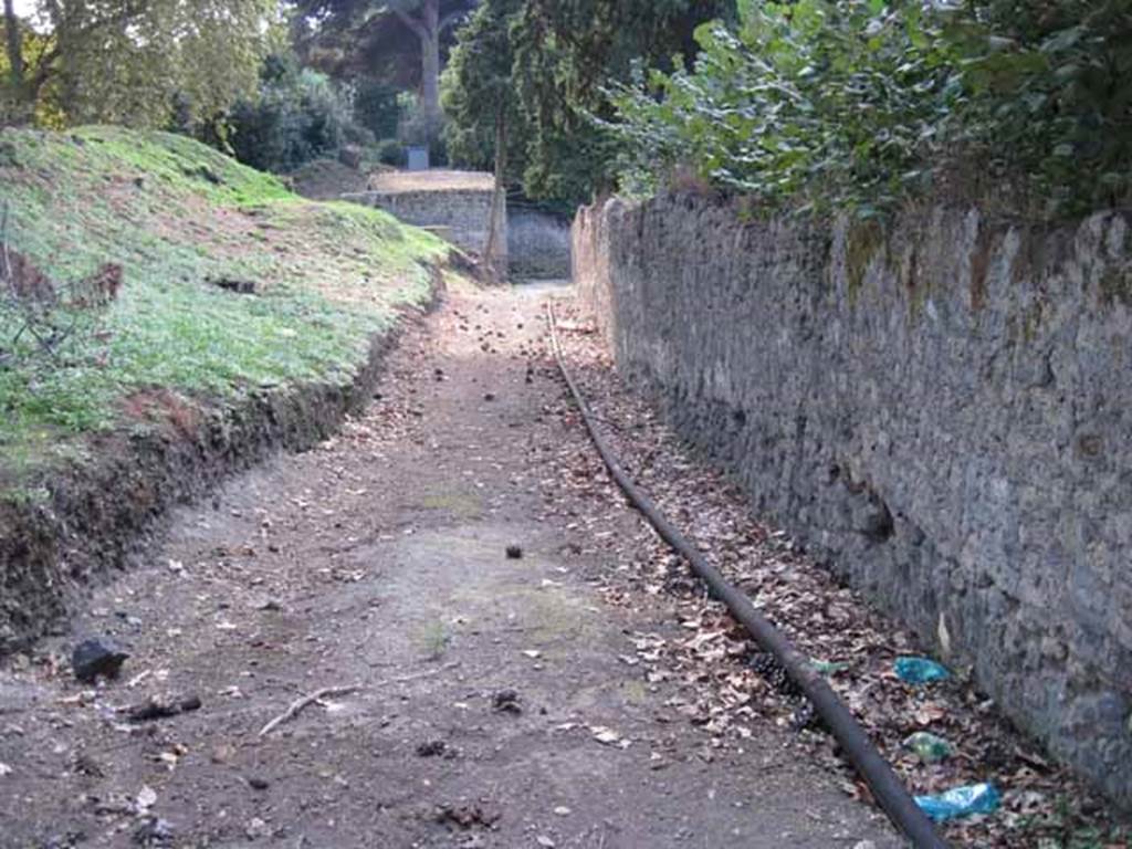 Unnamed vicolo south of I.1 and I.5. September 2010. Looking west towards Via Stabiana, from south end of Vicolo del Citarista. City walls, Pompeii, on left.  Unnamed vicolo between I.5 and I.1, on the right. Photo courtesy of Drew Baker.
