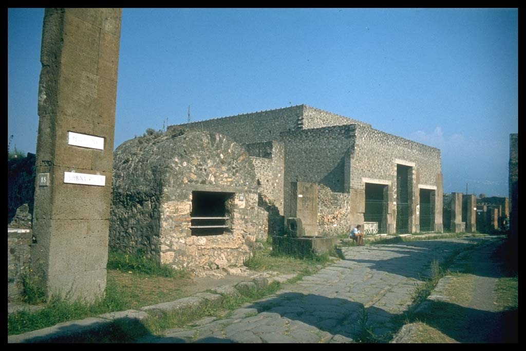 Via Consolare, east side. Looking south to junction with Vicolo di Narciso, from VI.1.18. 
Photographed 1970-79 by Günther Einhorn, picture courtesy of his son Ralf Einhorn.
