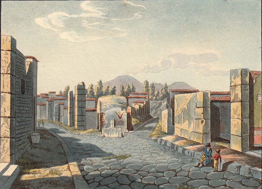 Via Consolare at junction with Vicolo di Narciso. 
Pre-1824 painting “Vue de Pompei en entrant par la Rue des Tombeaux” by Jakob Wilhelm Huber.
See Huber, J. W., 1824. Vues pittoresques des ruines les plus remarquables de l’ancienne ville de Pompei, pl. V. 
