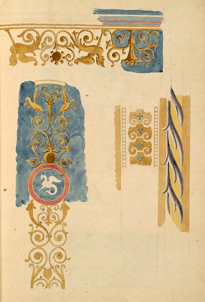 Via Consolare? Pre-1831. 
Mixed decorative elements, very similar to ones in above photo, probably from VI.1.7.
See Debret F. (1777-1850), Piranesi F. (1758-1810), LaBrouste H. (1801-1875). Voyage en Italie-De Naples à Paestum, pl. 128.
INHA Identifiant numérique : NUM PC 77832 (07). See book on INHA Les documents sont placés sous « Licence Ouverte / Open Licence » Etalab 

