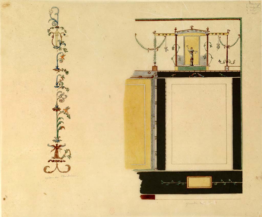 Via Consolare, on right, described as from the Grande Rue. Undated paintings by Chenavard.
This painting, on the right, may be a wall in the underground area of VI.17.25/23, where the painting with the three figures was found. 
(Also entered into VI.17.25/23).
The floral painted decoration on the left is described as being from Maison du Triclinium and has been entered into VIII.3.14. 
However, this location could refer to VI.1.1, as it would make sense as to why they were both painted on the same page. 
See Chenavard, Antoine-Marie (1787-1883) et al. Voyage d'Italie, croquis Tome 3, pl. 121.
INHA Identifiant numérique : NUM MS 703 (3). See Book on INHA 
Document placé sous « Licence Ouverte / Open Licence » Etalab   

