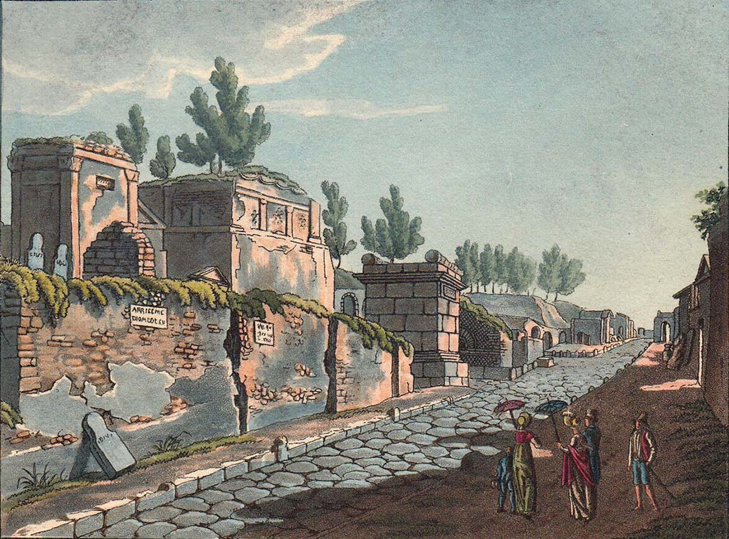 Via dei Sepolcri. Pre-1824 painting “La Parte droite de la Rue des Tombeaux en sortant de la Ville” after/by Jakob Wilhelm Huber showing tombs and Via dei Sepolcri.