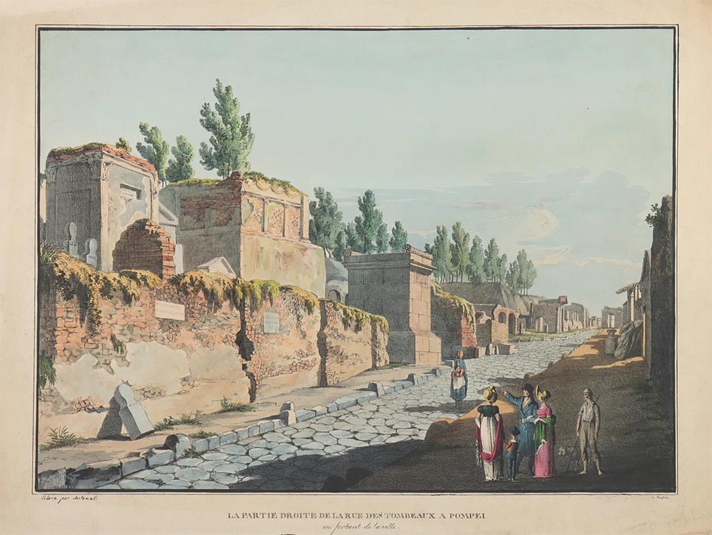 Via dei Sepolcri. 
1818 painting “La partie droite de la rue des Tombeaux à Pompei en sortant de la ville” by Jakob Wilhelm Huber, coloured by Antonalli.


