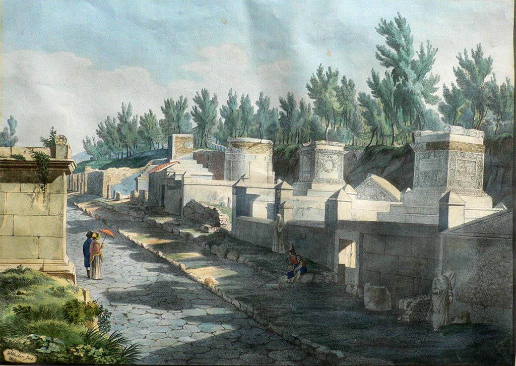 Via dei Sepolcri. Pre-1824 aquatint “Rue des Tombeaux a l ’entrée de la Ville” by Jakob Wilhelm Huber.
See Huber, J. W., 1824. Vues pittoresques des ruines les plus remarquables de l’ancienne ville de Pompei, pl. I. 
