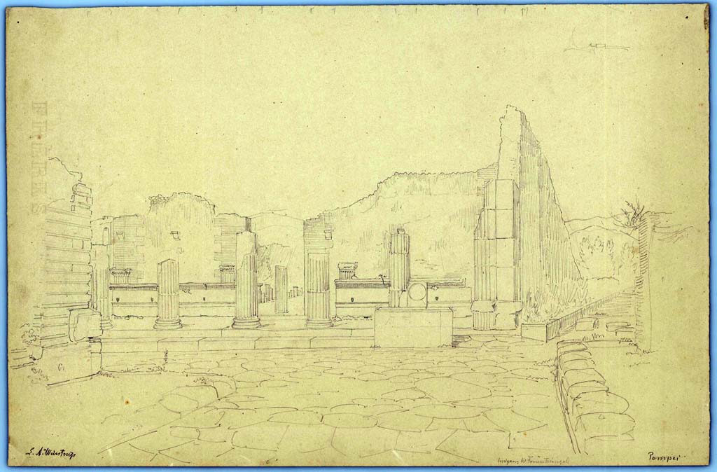 Via dei Teatri. 1849. Drawing by Laurits Albert Winstrup. Looking south in Via dei Teatri, towards entrance to Triangular Forum.
Photo © Danmarks Kunstbibliotek, inventory number ark_6092.
