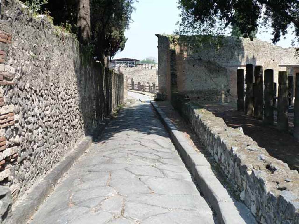 Via dei Teatri, May 2010. Looking north between VIII.6 and VIII.7, the Triangular Forum.