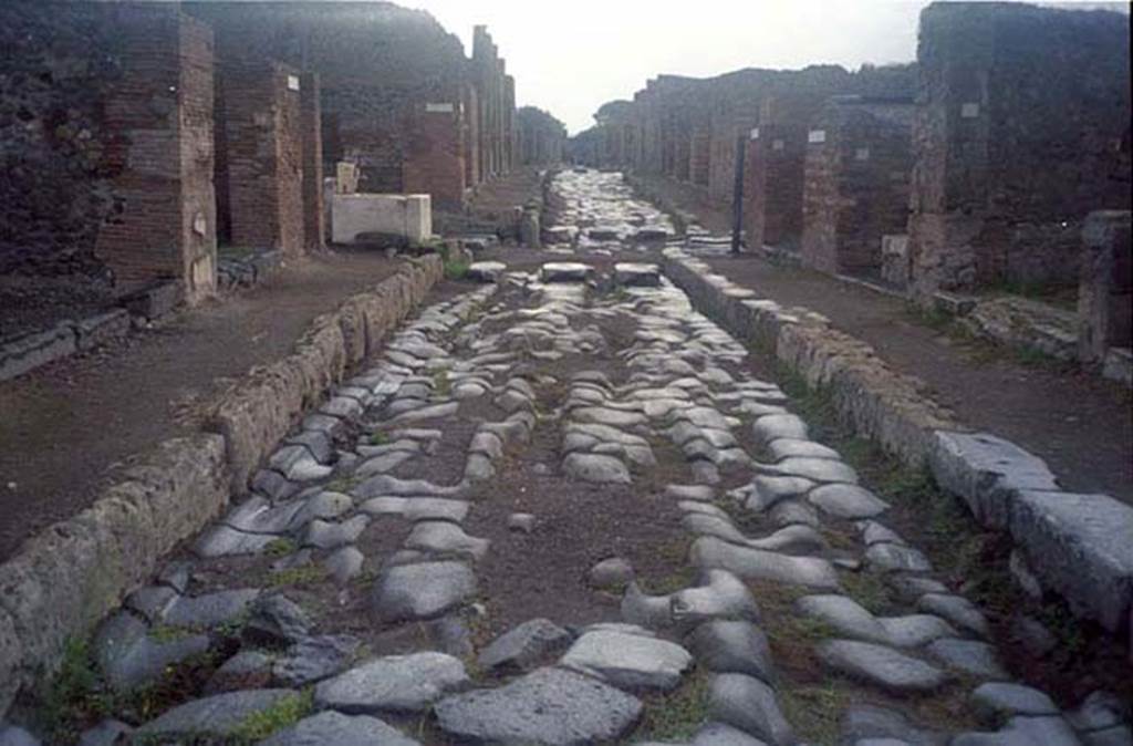 Via della Fortuna. July 2011.  
Looking east between VI.14 and VII.3 and towards crossroads with Via del Vesuvio, Via Nola and Via Stabiana. 
Photo courtesy of Rick Bauer.
