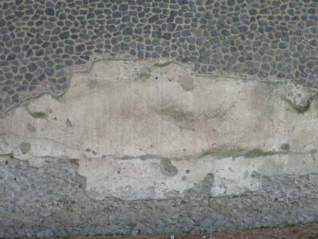 Via di Castricio, May 2010. Remains of plaster and graffiti on west end of outer north wall of the Palestra. According to Varone and Stefani, at the right hand end of the many graffiti found were CIL IV 7589, 7590, 7989b. According to Epigraphik-Datenbank Clauss/Slaby (See www.manfredclauss.de) these read as

M(arcum) Holconium Priscum IIvir(um) i(ure) d(icundo)       [CIL IV 7589]

T(h)yasotas      [CIL IV 7590]    
According to Varone and Stefani this perhaps reads as Santas written for Xanthias.

Celer lorarius Maio delibat
Maio principi coloniae felic(iter)      [CIL IV 7989b]

See Varone, A. and Stefani, G., 2009. Titulorum Pictorum Pompeianorum, Rome: Lerma di Bretschneider.  (p. 222-4).