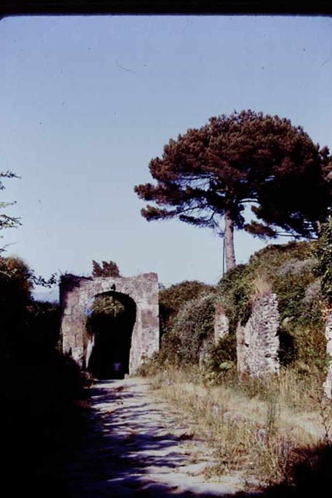 Via di Nola between IV.5 and III.12/11. Pompeii, 1978. Looking east towards the Porta Nola. Photo by Stanley A. Jashemski.   
Source: The Wilhelmina and Stanley A. Jashemski archive in the University of Maryland Library, Special Collections (See collection page) and made available under the Creative Commons Attribution-Non Commercial License v.4. See Licence and use details. J78f0566

