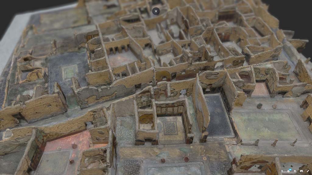 Vicolo del Gallo, Pompeii, roadway across centre of photo. March 2019. Detail from model in Naples Archaeological Museum.
North side of roadway, VII.15.1 and 2, on the left, towards VII.15.7, on right.
South side of roadway, VII.7.13 rear of peristyle, VII.7.14 and VII.7.15, rear entrances of VII.7.2/5.
Foto Taylor Lauritsen, ERC Grant 681269 DÉCOR.
