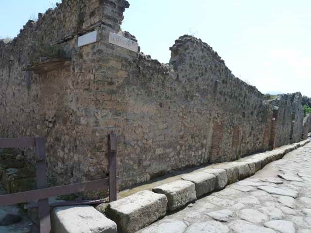 Vicolo della Maschera, east side, May 2010.  Looking south along VII.14, from corner of VII.14.18.