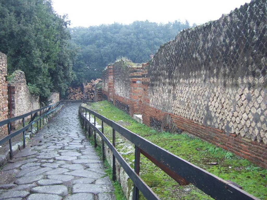 Vicolo della Regina. December 2005.  Looking east between VIII.6 and VIII.2, towards junction with Via dei Teatri. 
