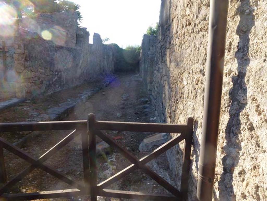 Vicolo di Lucrezio Frontone. June 2012. Looking north towards west side of roadway, and doorways at V.3.10, V.3.11 and V.3.12. Photo courtesy of Michael Binns. 
