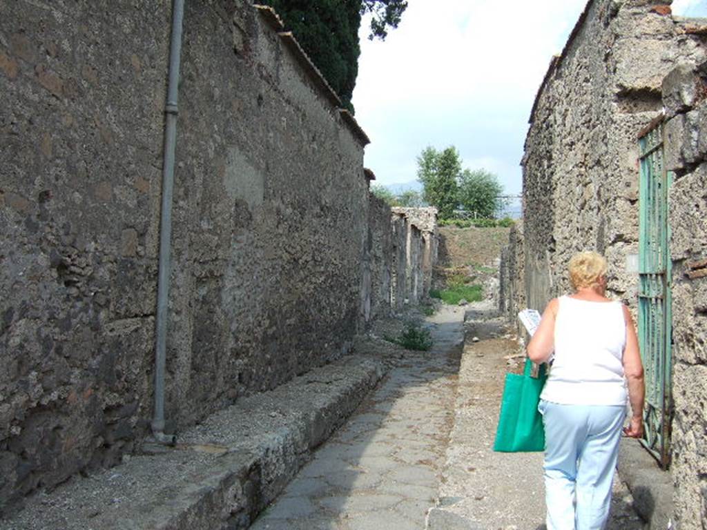 Vicolo di Narciso between VI.1 and VI.2. Looking north to junction with city walls from near VI.1.23. September 2005.