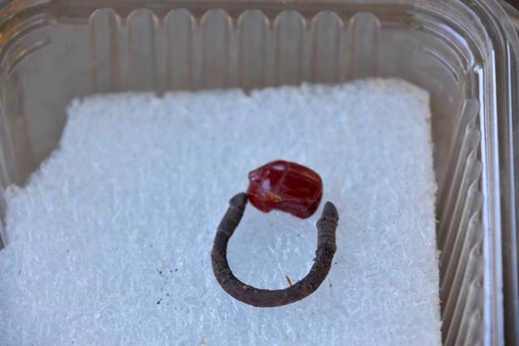 Santuario extraurbano del Fondo Iozzino. 2014 excavations. Silver? Ring with red stone.

Argento? Anello con pietra rossa.

Photograph © Parco Archeologico di Pompei.

