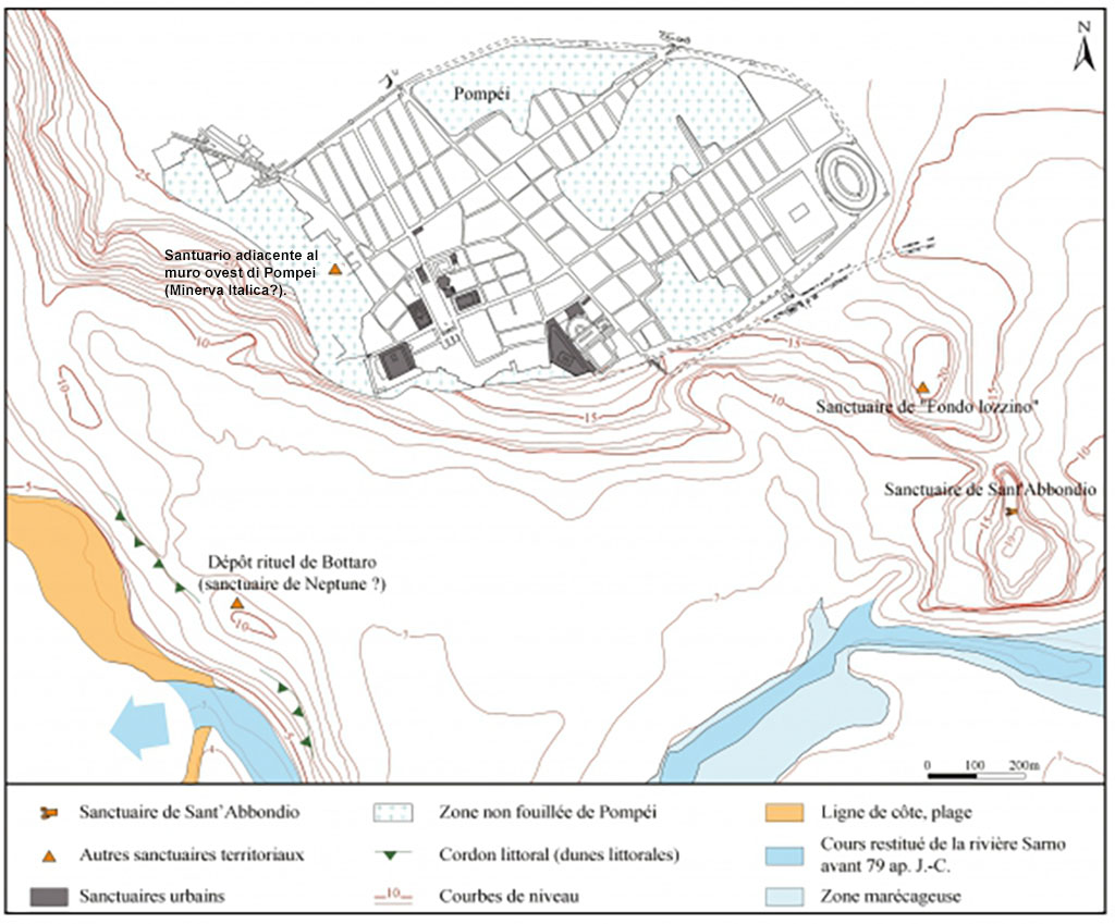 Santuario extraurbano del Fondo Iozzino. Temples Plan after Guzzo 2005, p. 12-13, amended to include the Sanctuary adjacent to the west wall of Pompeii.