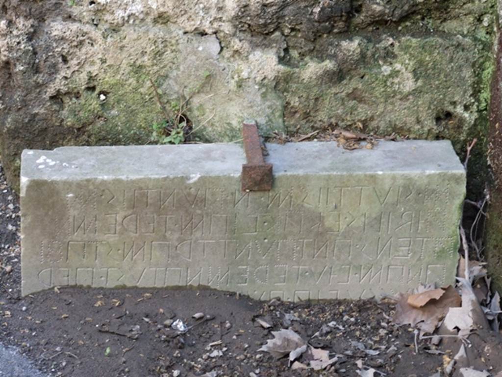 Pompeii Stabian Gate.  March 2009.  West side.  Oscan inscription.  Only four of the eleven lines were visible in March 2009, with seven buried.