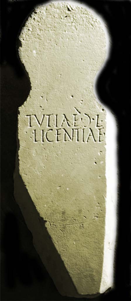 Pompei, Tombe presso la Strada Regia. 1894. Marble columella of Tutiae Licentiae.
Now in Naples Archaeological Museum. Inventory number 123257.
Found in the same location as the above columella in 1894.
See Mittheilungen des Kaiserlich Deutschen Archaeologischen Instituts, Roemische Abtheilung, 1894, p. 65, no. 14.
See Ephemeris Epigraphica, Vol. VIII, 1899, no. 331.

In the form of a herm, 0.74m high, 0.20m wide:

TVTIAE  Ɔ  L 
LICENTIAE

Tutiae G(aiae) l(ibertae)
Licentiae

Burial of a freedwoman
See Notizie degli Scavi di Antichit, 1894, p. 384, no. 14.

According to the Epigraphic Database Roma this reads

Tutiae ((mulieris)) l(ibertae)
Licentiae.


