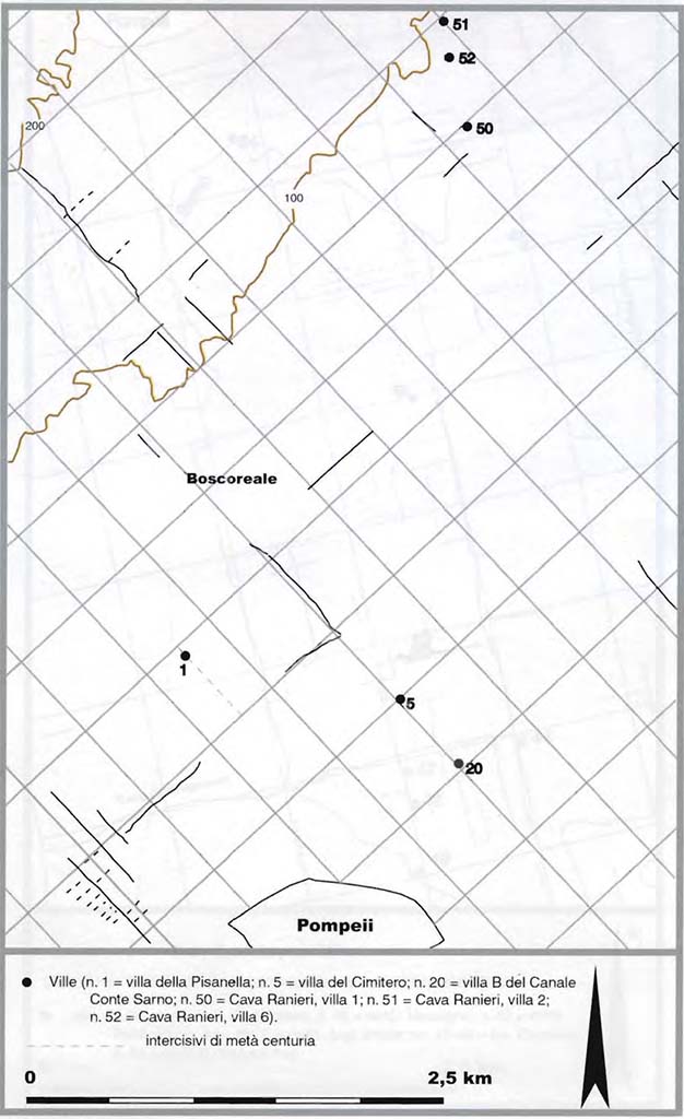 Tomba e villa in località Cimitero di Pompei. Numero 5 del piano di localizzazione 2002 di Gian Luca Soricelli.
Number 5 on 2002 location plan by Gian Luca Soricelli.
See Soricelli G. L., 2002. Divisioni agrarie romane e occupazione del territorio nella piana Nocerina-Sarnese in AGER CAMPANUS, Tav. VIII, p. 123-9. 
