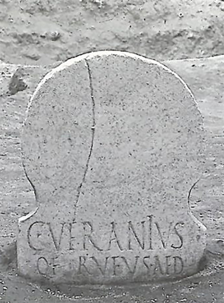 FPNF Pompeii. Inscribed male marble columella 

Q. VERANIVS
Q. F. RVFVS AED.

According to D’Ambrosio and De Caro, this expands to

C(aius) Veranius
Q(uinti) f(ilius), Rufus aed(ilis)

See D’Ambrosio A. and De Caro S., 1988. Römische Gräberstraßen. München: C. H. Beck. p. 210.
