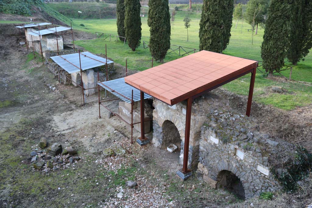 FPNI Pompeii, on right, FPNH with terracotta roof, and FPNG with grey roof at east end of north side. February 2020. Photo courtesy of Aude Durand.