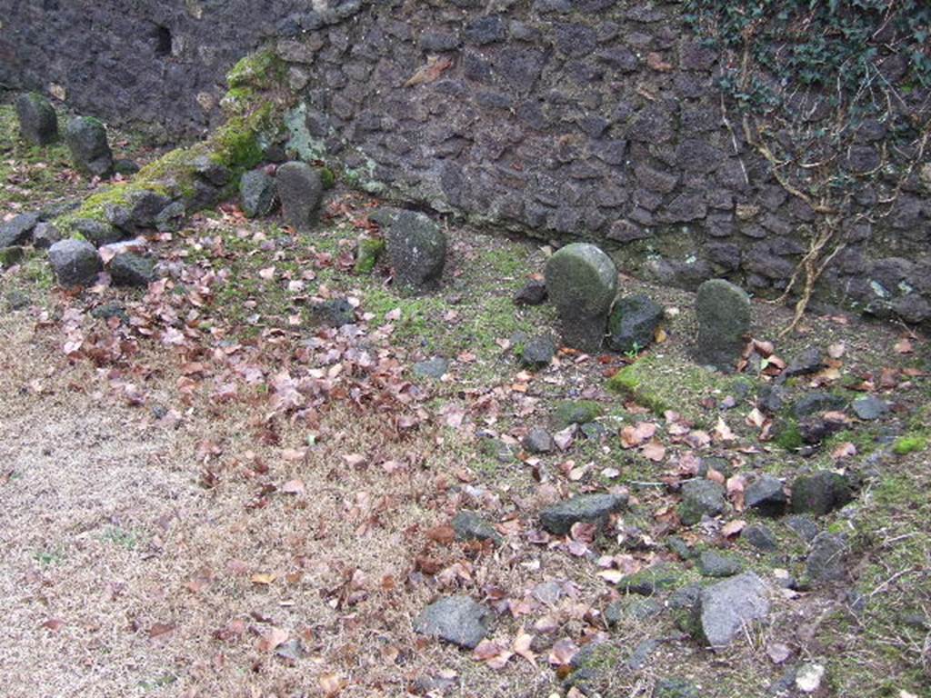 FPSE Pompeii. December 2005. Four uninscribed columellae at south end of tomb area. The three to the east are male columellae. To the west is a female columella with a plate in front with a hole for libation.