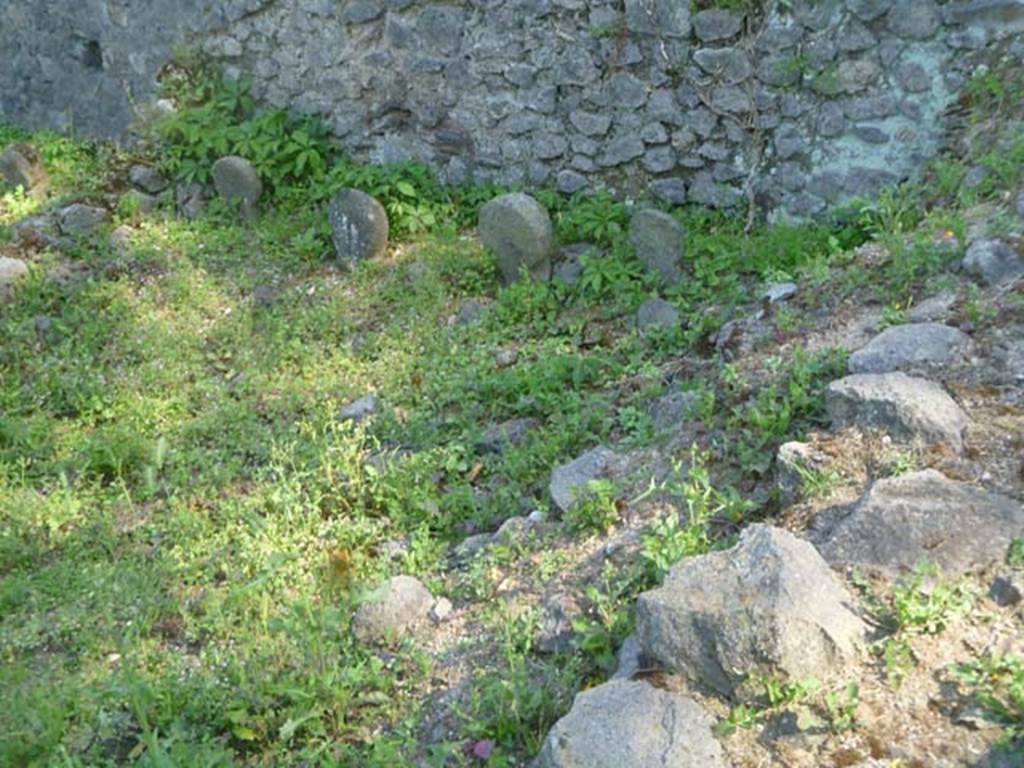 FPSE Pompeii. May 2011. West wall of tomb area. Photo courtesy of Michael Binns.
There were three columellae against this wall.
From north to south these were:
The two northern columellae were male, each with tablet with a hole for libation.
The southern columella was of white marble with the inscription

VALENTINVS
V  A  V

According to D’Ambrosio and De Caro, this expands to

Valentinus
V(ixit) a(nnis) V

An irregular shaped piece of lava seems to have acted as a cover for the bones.
See D’Ambrosio A. and De Caro S., 1988. Römische Gräberstraßen. München: C.H.Beck. p. 222.