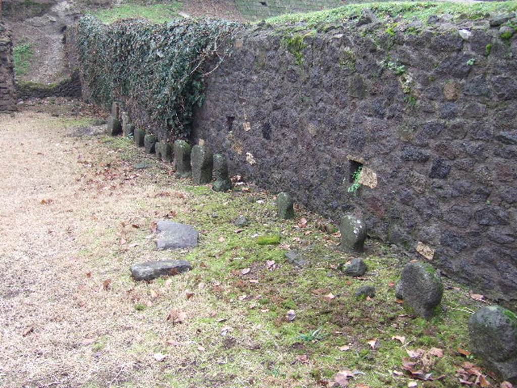 FPSF and FPSG Pompeii. December 2005. Looking east along wall at south side of tombs. The first four columellae are in area FPSF. The area beyond with a continuous row of columellae is FPSG.