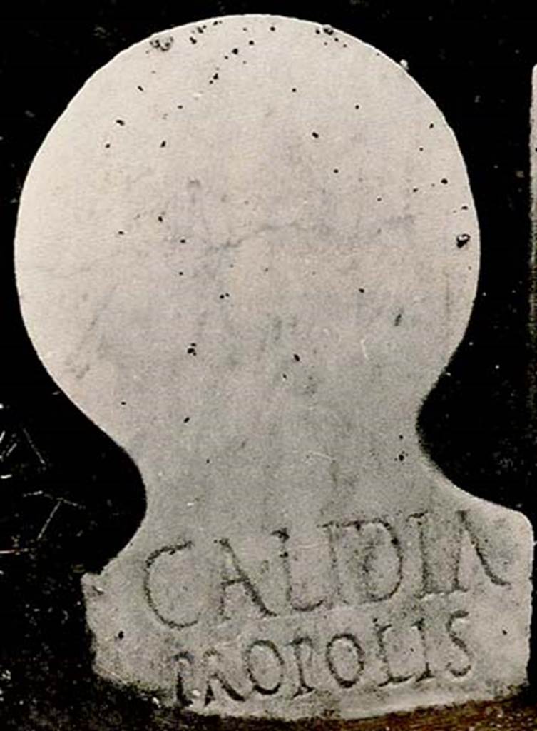 FPSG Pompeii. Marble female columella of Calidia Propolis, with inscription

CALIDIA
PROPOLIS

According to D’Ambrosio and De Caro, a vertical furrow on the smooth back represented the parting of the female hair.
See D’Ambrosio A. and De Caro S., 1988. Römische Gräberstraßen. München: C.H.Beck. p. 225.